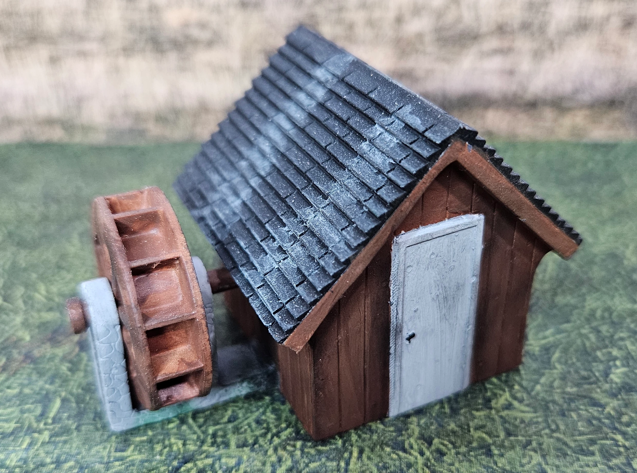 Detailed view of HO scale small waterwheel structure